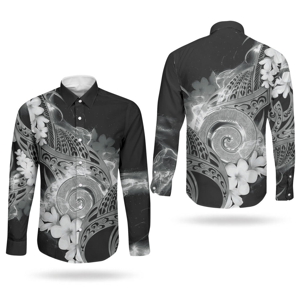 Piko Hawaiian Couples Matching Long Sleeve Bodycon Dress and Long Sleeve Button Shirt Monochrome Galaxy Spiral Plumeria Tribal Patterns DT05 - Polynesian Pride