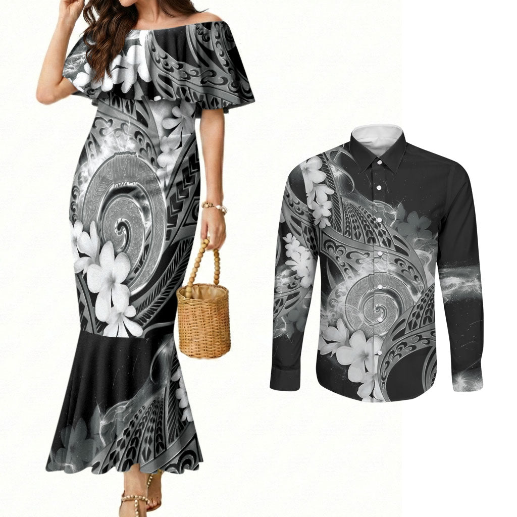 Piko Hawaiian Couples Matching Mermaid Dress and Long Sleeve Button Shirt Monochrome Galaxy Spiral Plumeria Tribal Patterns