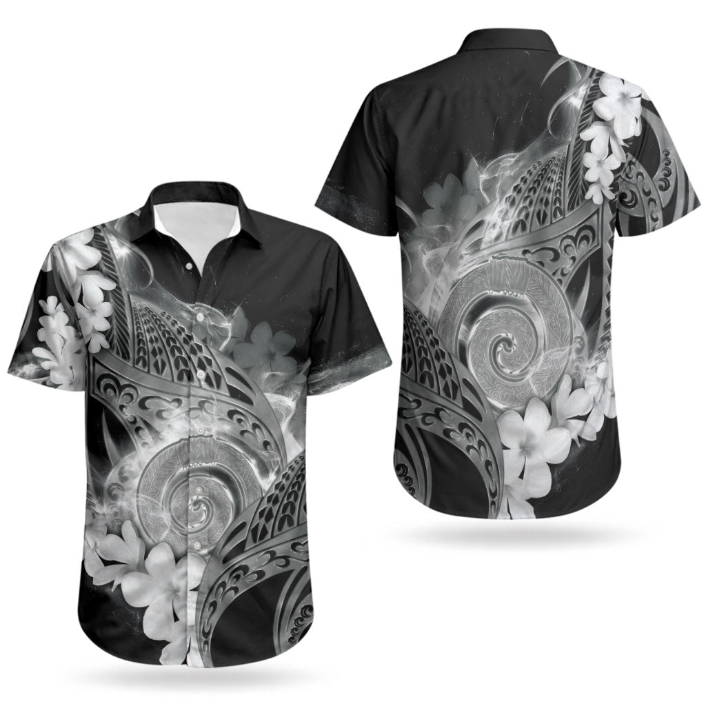 Piko Hawaiian Couples Matching Off The Shoulder Long Sleeve Dress and Hawaiian Shirt Monochrome Galaxy Spiral Plumeria Tribal Patterns DT05 - Polynesian Pride