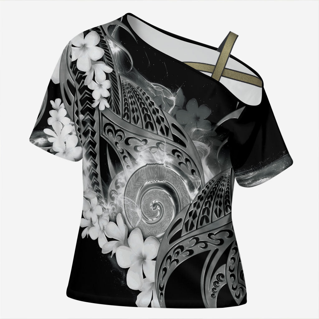 Piko Hawaiian Cross Shoulder Shirt Monochrome Galaxy Spiral Plumeria Tribal Patterns