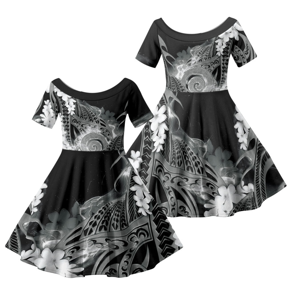 Piko Hawaiian Family Matching Mermaid Dress and Hawaiian Shirt Monochrome Galaxy Spiral Plumeria Tribal Patterns DT05 Daughter's Dress Black - Polynesian Pride