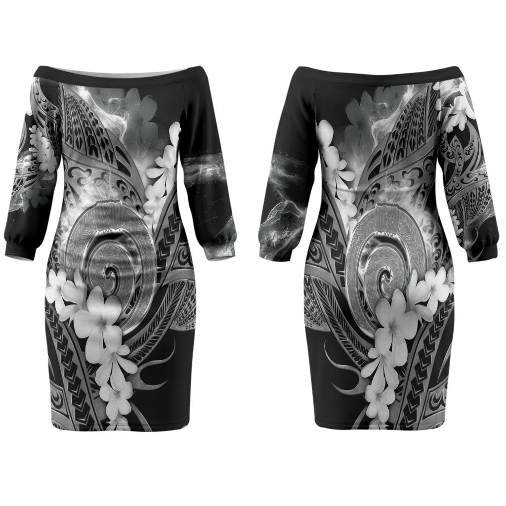 Piko Hawaiian Family Matching Off The Shoulder Long Sleeve Dress and Hawaiian Shirt Monochrome Galaxy Spiral Plumeria Tribal Patterns DT05 Mom's Dress Black - Polynesian Pride
