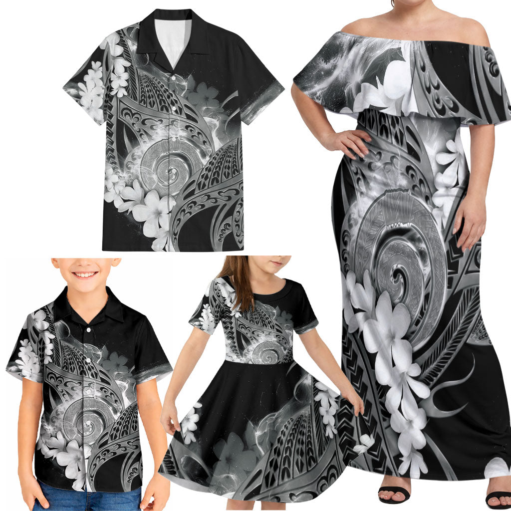 Piko Hawaiian Family Matching Off Shoulder Maxi Dress and Hawaiian Shirt Monochrome Galaxy Spiral Plumeria Tribal Patterns DT05 - Polynesian Pride