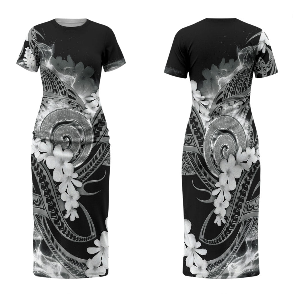 Piko Hawaiian Family Matching Short Sleeve Bodycon Dress and Hawaiian Shirt Monochrome Galaxy Spiral Plumeria Tribal Patterns DT05 Mom's Dress Black - Polynesian Pride