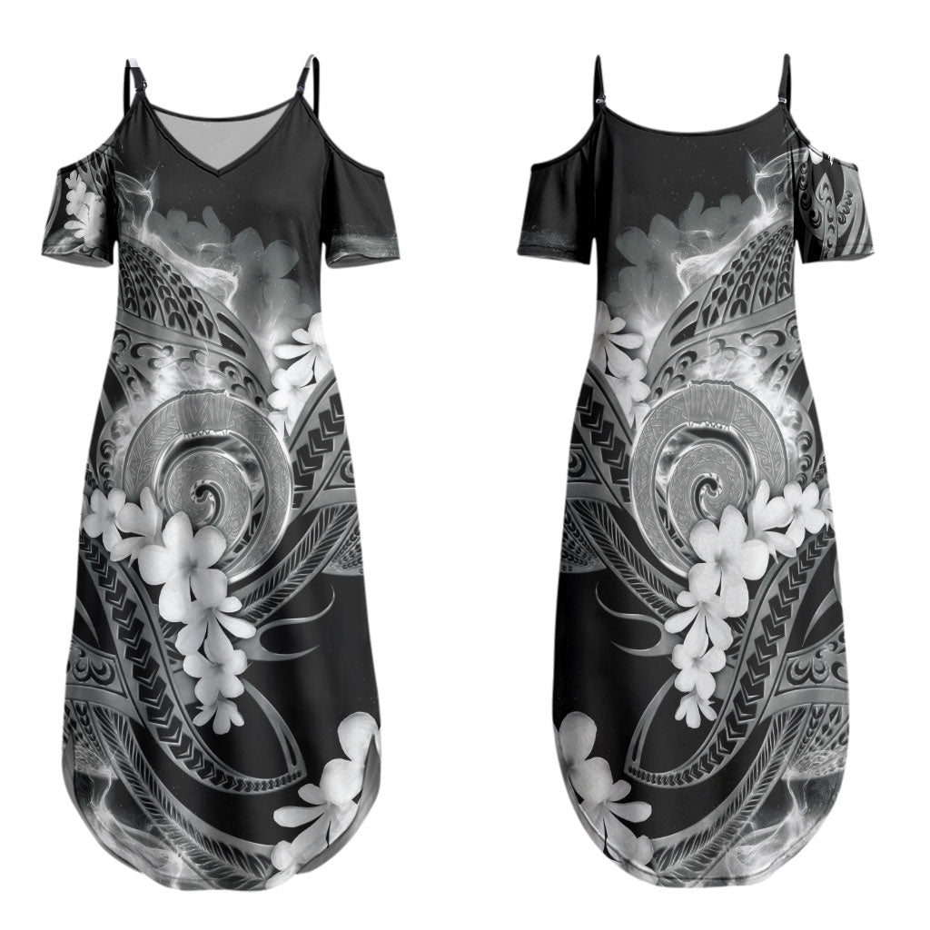 Piko Hawaiian Family Matching Summer Maxi Dress and Hawaiian Shirt Monochrome Galaxy Spiral Plumeria Tribal Patterns DT05 Mom's Dress Black - Polynesian Pride