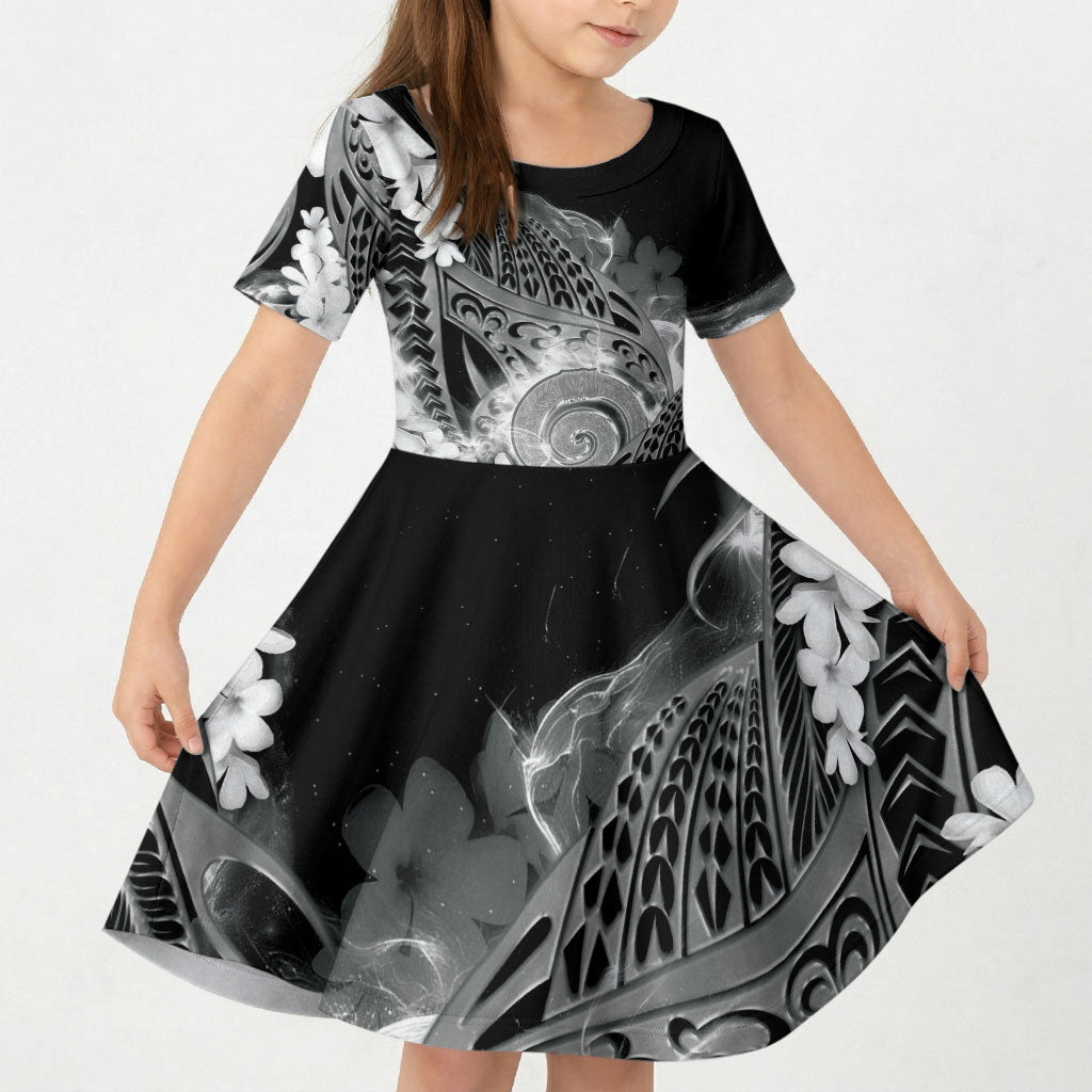 Piko Hawaiian Kid Short Sleeve Dress Monochrome Galaxy Spiral Plumeria Tribal Patterns