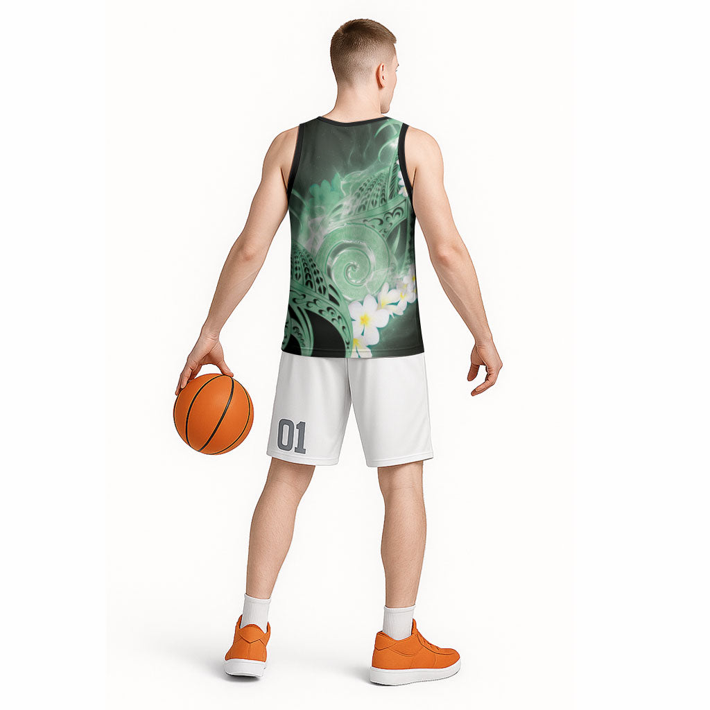 Piko Hawaiian Basketball Jersey Green Galaxy Spiral Plumeria Tribal Patterns