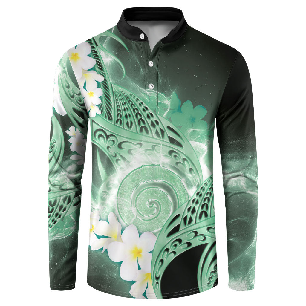 Piko Hawaiian Button Sweatshirt Green Galaxy Spiral Plumeria Tribal Patterns