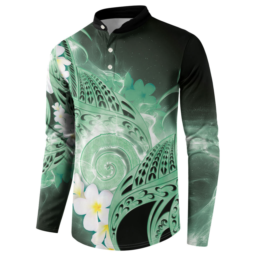 Piko Hawaiian Button Sweatshirt Green Galaxy Spiral Plumeria Tribal Patterns
