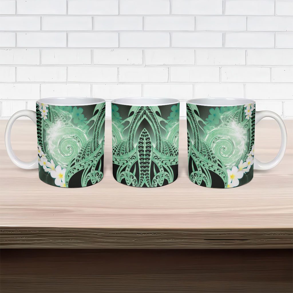 Piko Hawaiian Ceramic Mug Green Galaxy Spiral Plumeria Tribal Patterns