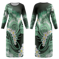 Piko Hawaiian Couples Matching Long Sleeve Bodycon Dress and Hawaiian Shirt Green Galaxy Spiral Plumeria Tribal Patterns DT05 - Polynesian Pride