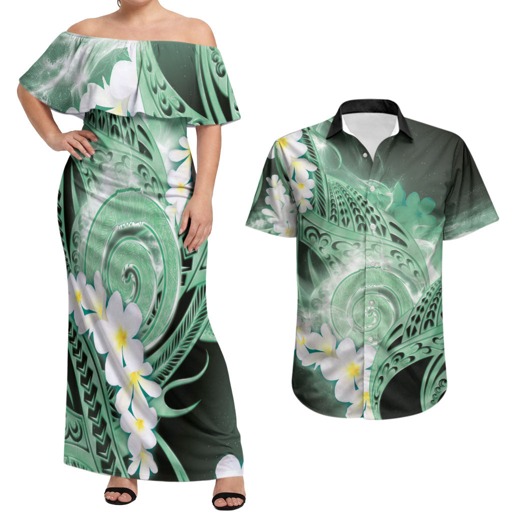 Piko Hawaiian Couples Matching Off Shoulder Maxi Dress and Hawaiian Shirt Green Galaxy Spiral Plumeria Tribal Patterns