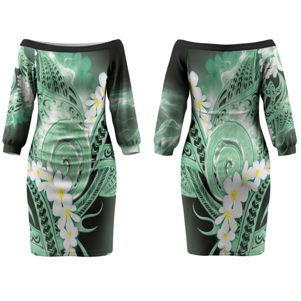 Piko Hawaiian Couples Matching Off The Shoulder Long Sleeve Dress and Hawaiian Shirt Green Galaxy Spiral Plumeria Tribal Patterns DT05 - Polynesian Pride