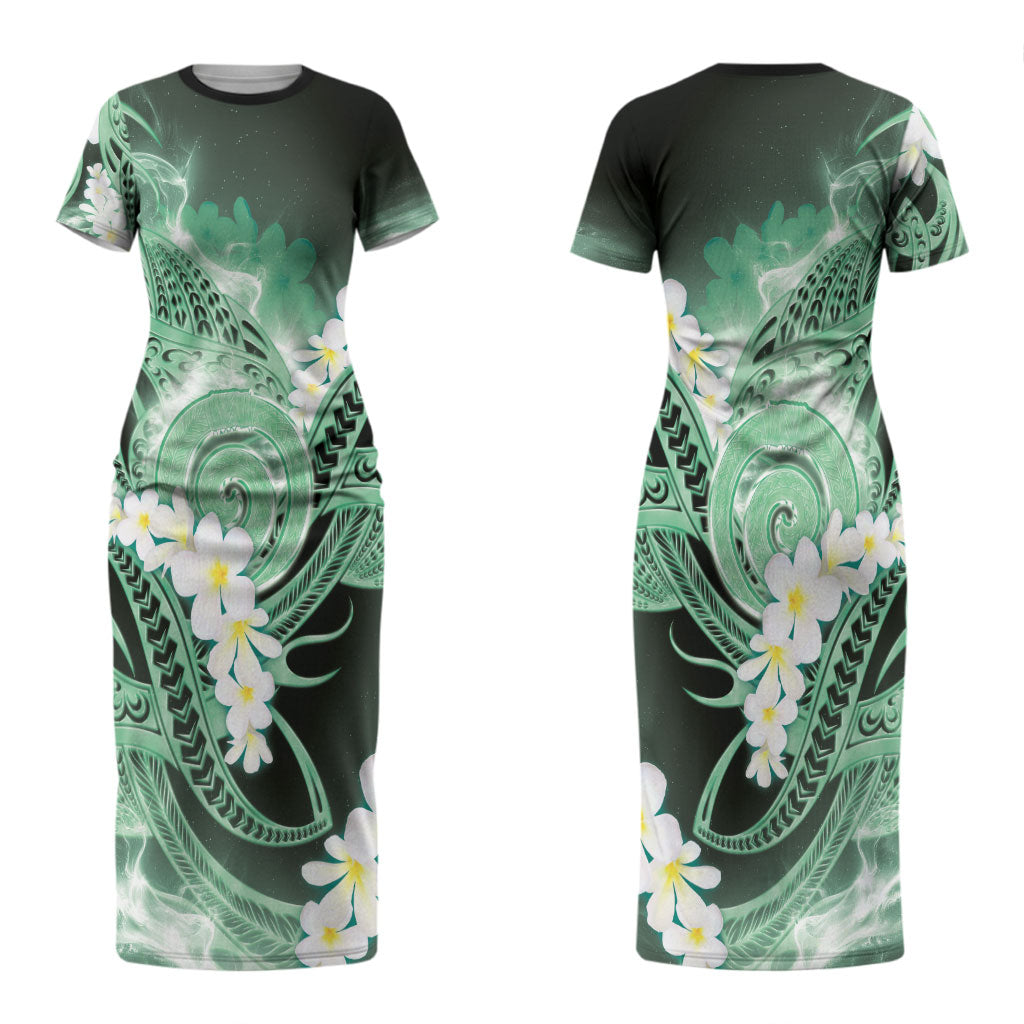 Piko Hawaiian Couples Matching Short Sleeve Bodycon Dress and Long Sleeve Button Shirt Green Galaxy Spiral Plumeria Tribal Patterns DT05 - Polynesian Pride