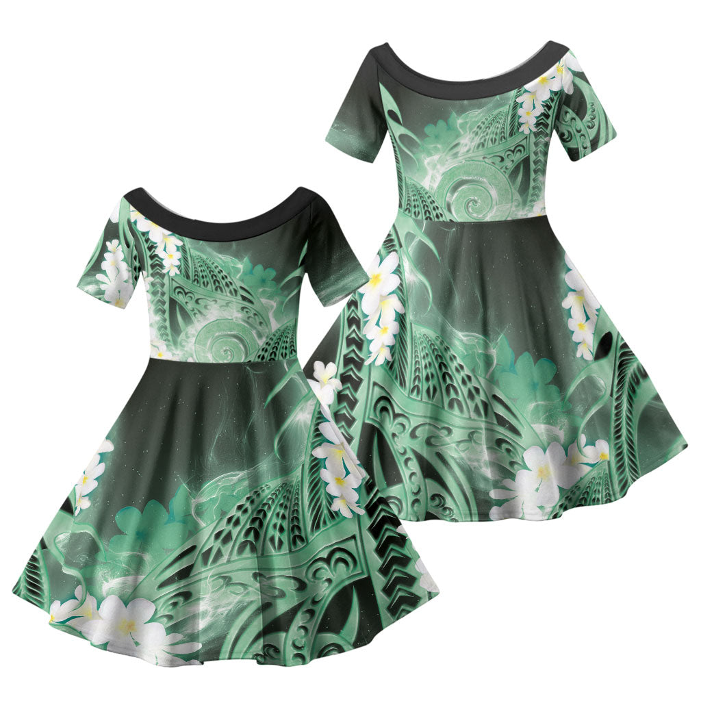 Piko Hawaiian Family Matching Long Sleeve Bodycon Dress and Hawaiian Shirt Green Galaxy Spiral Plumeria Tribal Patterns DT05 Daughter's Dress Green - Polynesian Pride