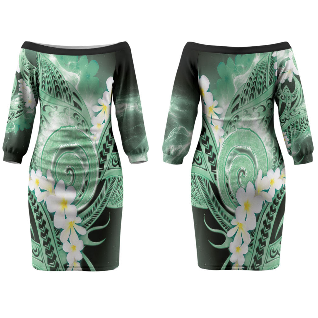 Piko Hawaiian Family Matching Off The Shoulder Long Sleeve Dress and Hawaiian Shirt Green Galaxy Spiral Plumeria Tribal Patterns DT05 Mom's Dress Green - Polynesian Pride