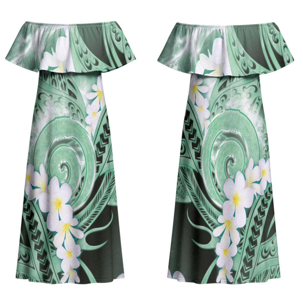 Piko Hawaiian Family Matching Off Shoulder Maxi Dress and Hawaiian Shirt Green Galaxy Spiral Plumeria Tribal Patterns DT05 Mom's Dress Green - Polynesian Pride