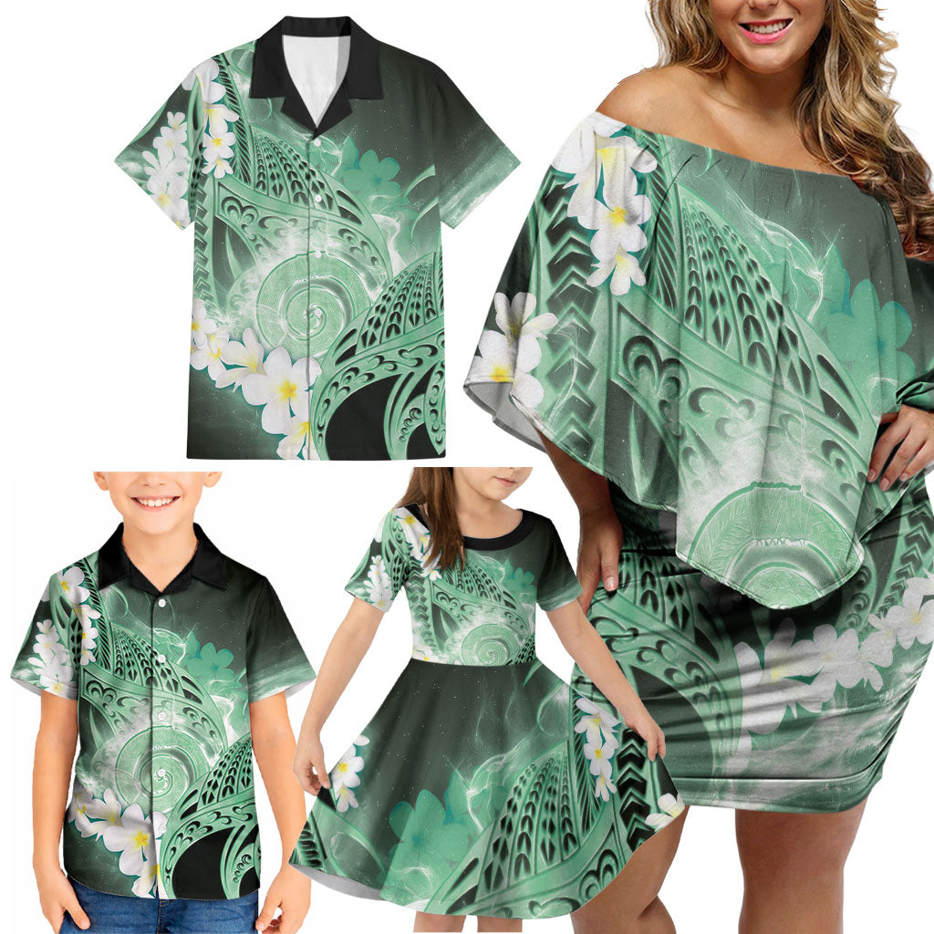 Piko Hawaiian Family Matching Off Shoulder Short Dress and Hawaiian Shirt Green Galaxy Spiral Plumeria Tribal Patterns DT05 - Polynesian Pride