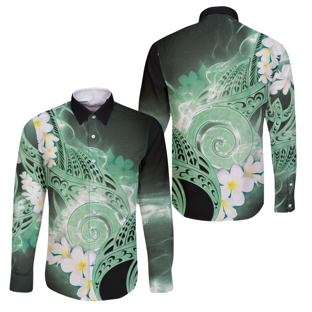 Piko Hawaiian Family Matching Off Shoulder Short Dress and Hawaiian Shirt Green Galaxy Spiral Plumeria Tribal Patterns DT05 Dad's Shirt - Long Sleeve Green - Polynesian Pride