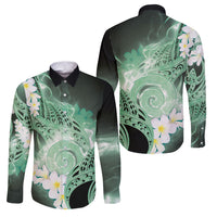 Piko Hawaiian Family Matching Off Shoulder Short Dress and Hawaiian Shirt Green Galaxy Spiral Plumeria Tribal Patterns DT05 Dad's Shirt - Long Sleeve Green - Polynesian Pride