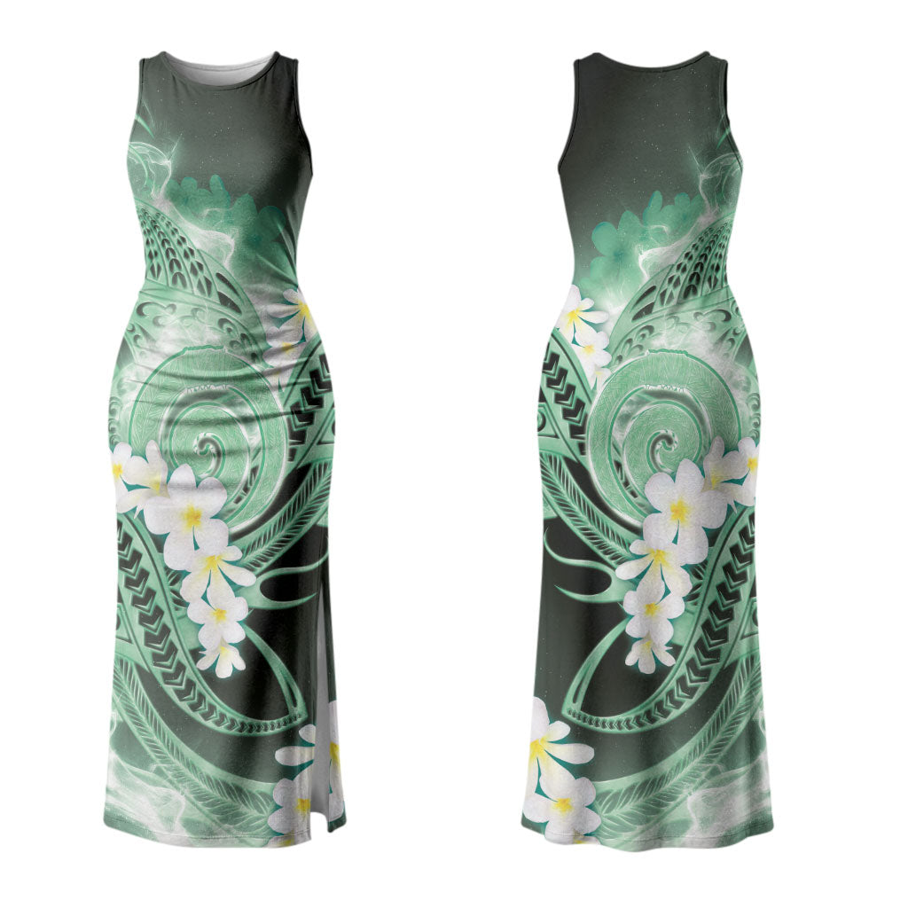 Piko Hawaiian Family Matching Tank Maxi Dress and Hawaiian Shirt Green Galaxy Spiral Plumeria Tribal Patterns DT05 Mom's Dress Green - Polynesian Pride