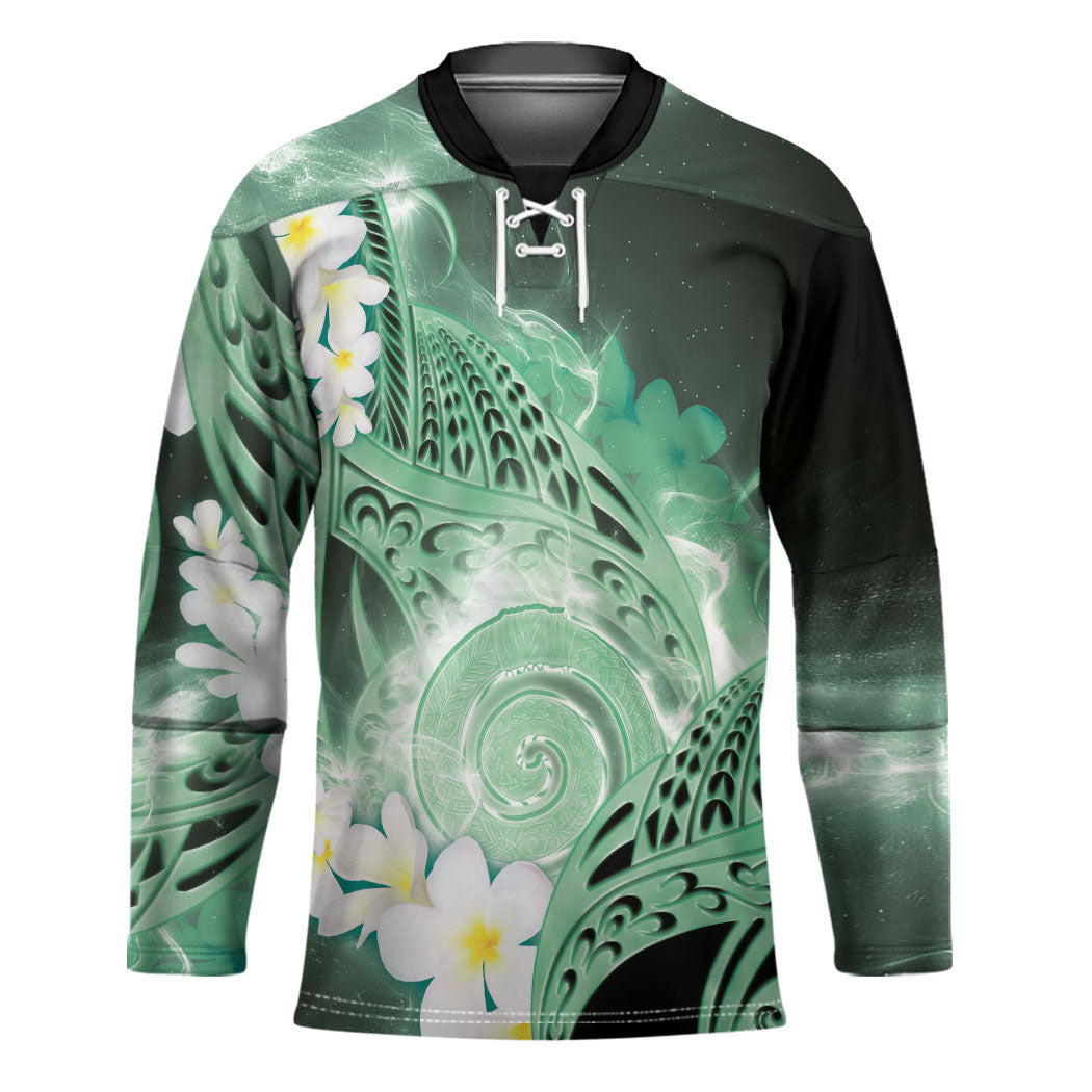 Piko Hawaiian Hockey Jersey Green Galaxy Spiral Plumeria Tribal Patterns