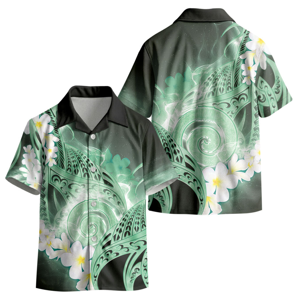Piko Hawaiian Kid Hawaiian Shirt Green Galaxy Spiral Plumeria Tribal Patterns