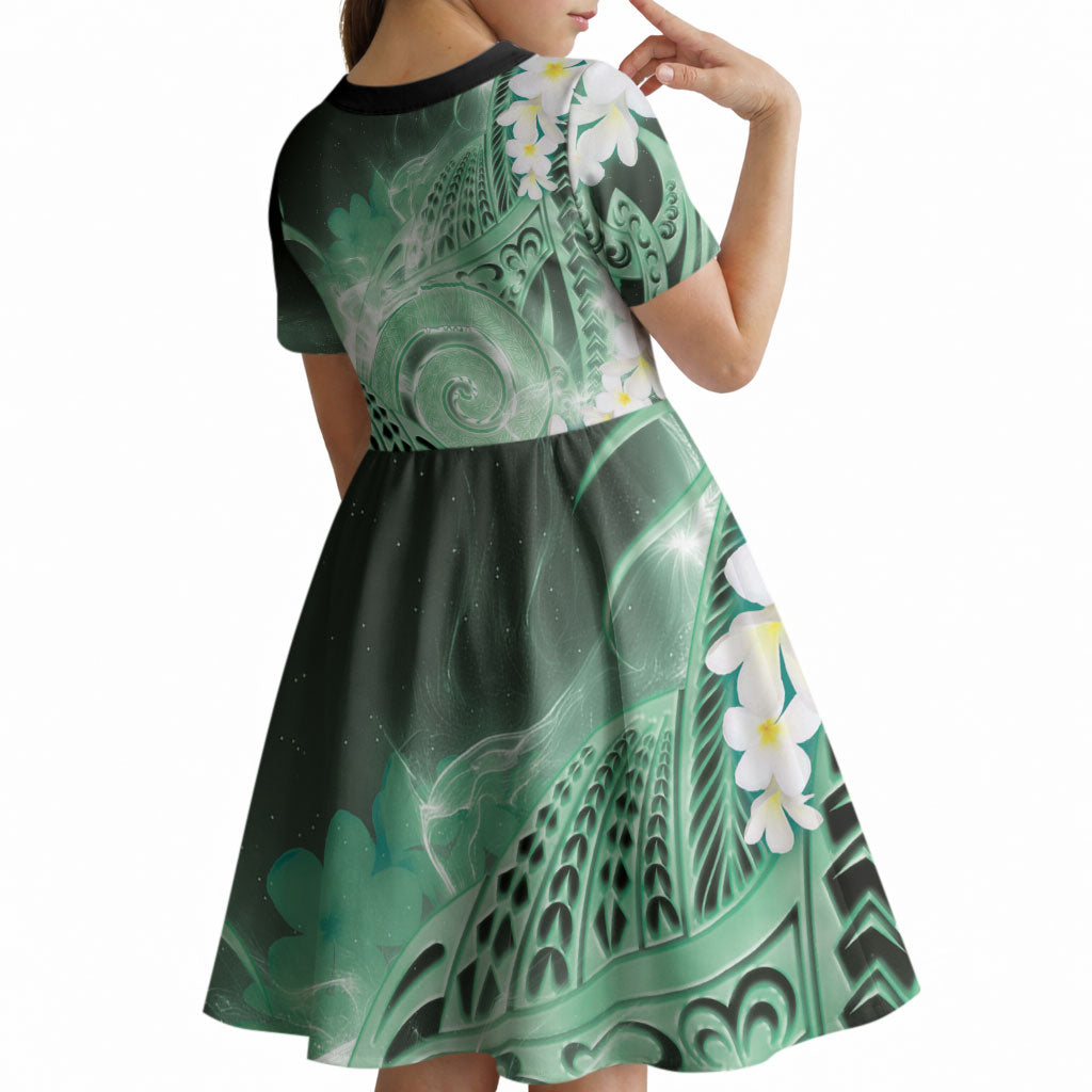 Piko Hawaiian Kid Short Sleeve Dress Green Galaxy Spiral Plumeria Tribal Patterns