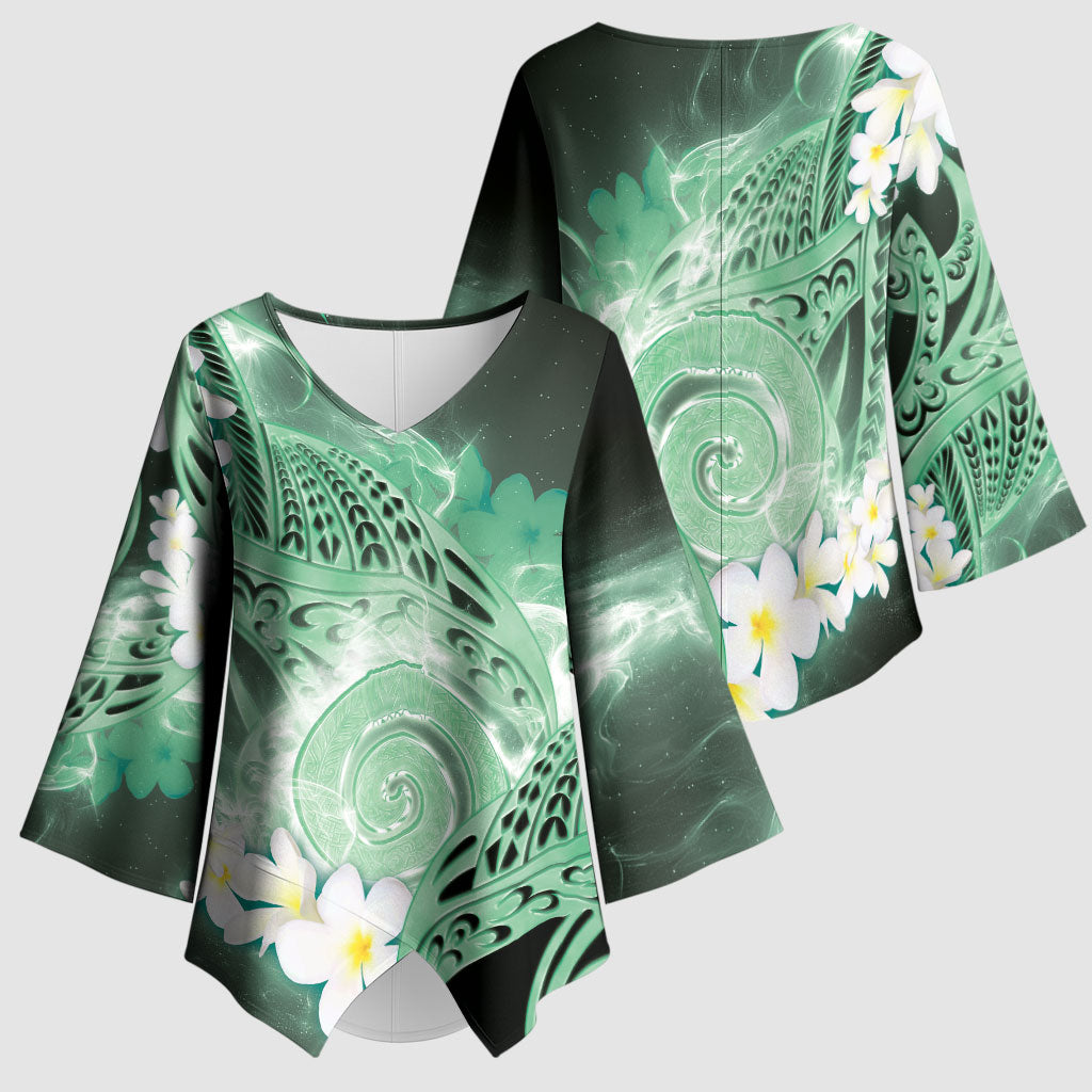 Piko Hawaiian Kimono Sleeve Blouse Green Galaxy Spiral Plumeria Tribal Patterns