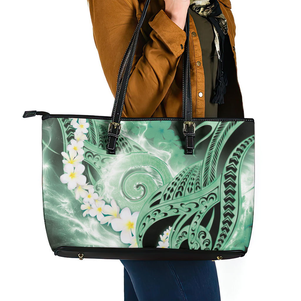 Piko Hawaiian Leather Tote Bag Green Galaxy Spiral Plumeria Tribal Patterns