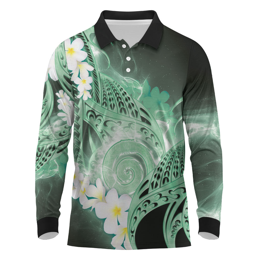 Piko Hawaiian Long Sleeve Polo Shirt Green Galaxy Spiral Plumeria Tribal Patterns