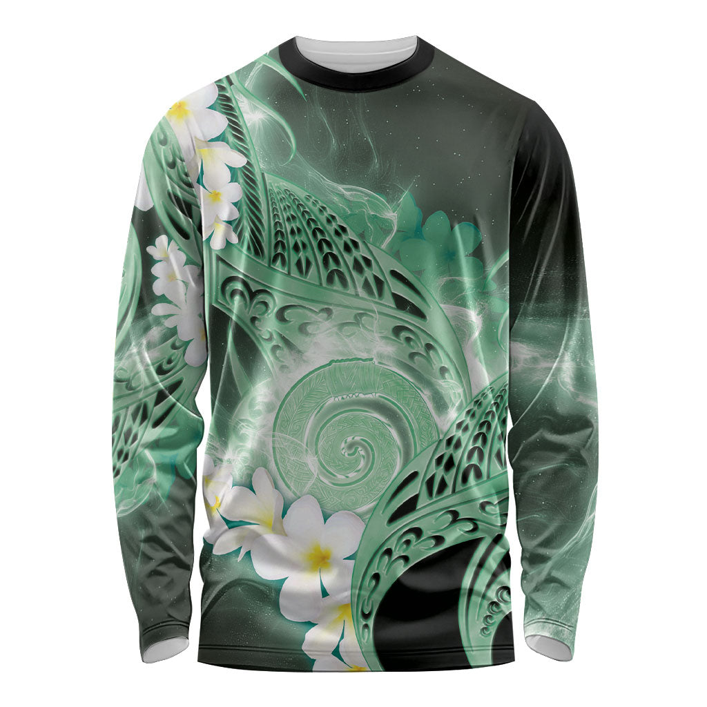 Piko Hawaiian Long Sleeve Shirt Green Galaxy Spiral Plumeria Tribal Patterns