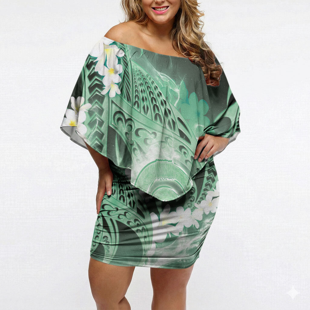 Piko Hawaiian Off Shoulder Short Dress Green Galaxy Spiral Plumeria Tribal Patterns