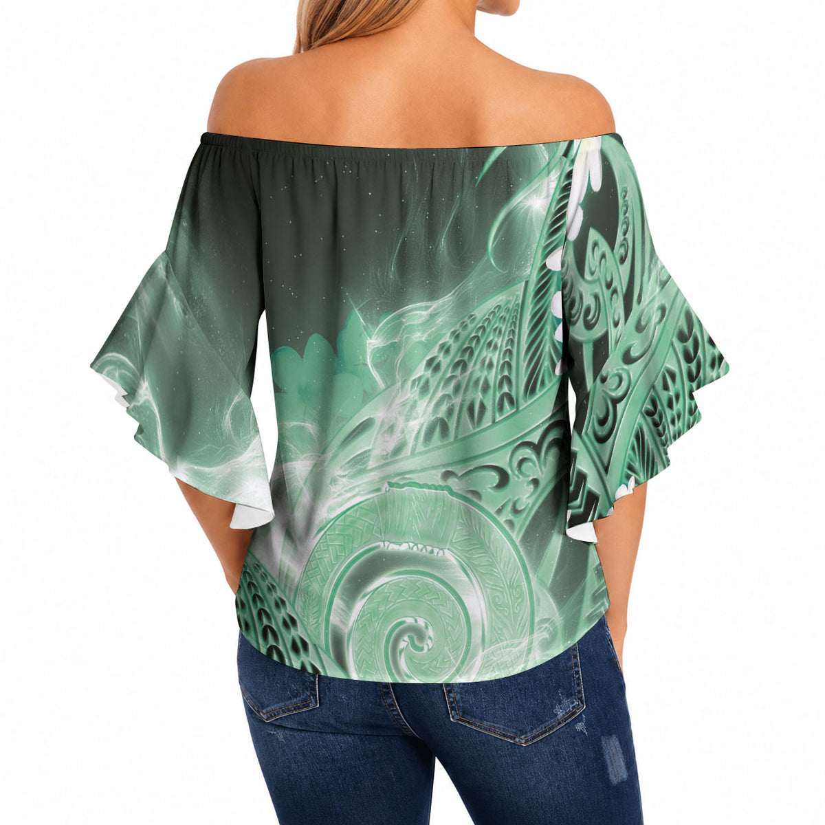 Piko Hawaiian Off Shoulder Wrap Waist Top Green Galaxy Spiral Plumeria Tribal Patterns DT05 - Polynesian Pride