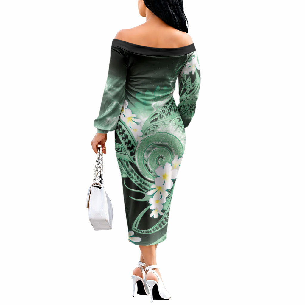 Piko Hawaiian Off The Shoulder Long Sleeve Dress Green Galaxy Spiral Plumeria Tribal Patterns