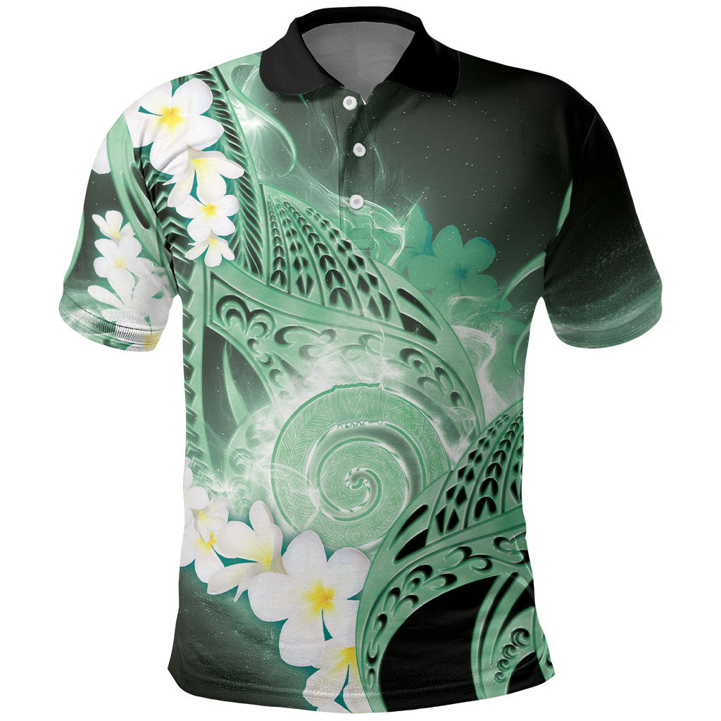 Piko Hawaiian Polo Shirt Green Galaxy Spiral Plumeria Tribal Patterns