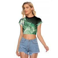 Piko Hawaiian Raglan Cropped T Shirt Green Galaxy Spiral Plumeria Tribal Patterns
