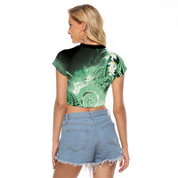 Piko Hawaiian Raglan Cropped T Shirt Green Galaxy Spiral Plumeria Tribal Patterns