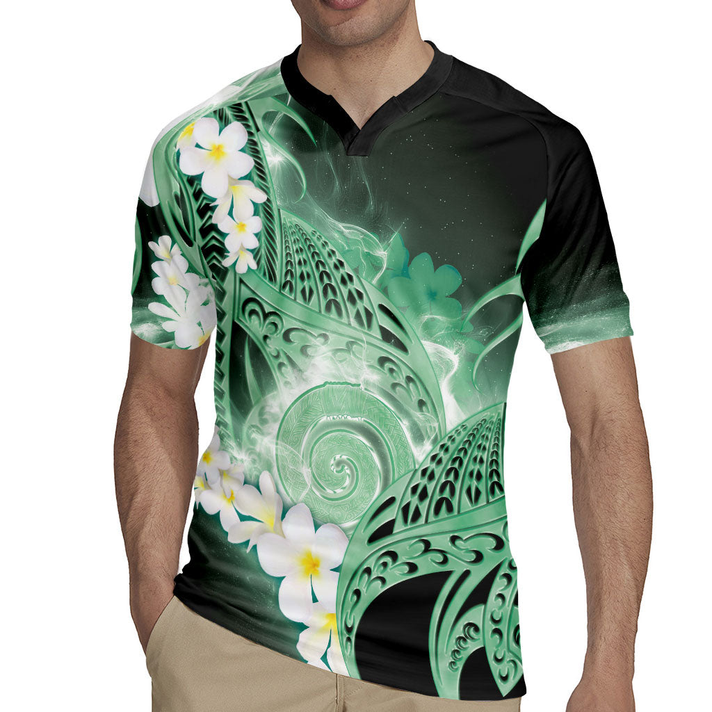 Piko Hawaiian Rugby Jersey Green Galaxy Spiral Plumeria Tribal Patterns