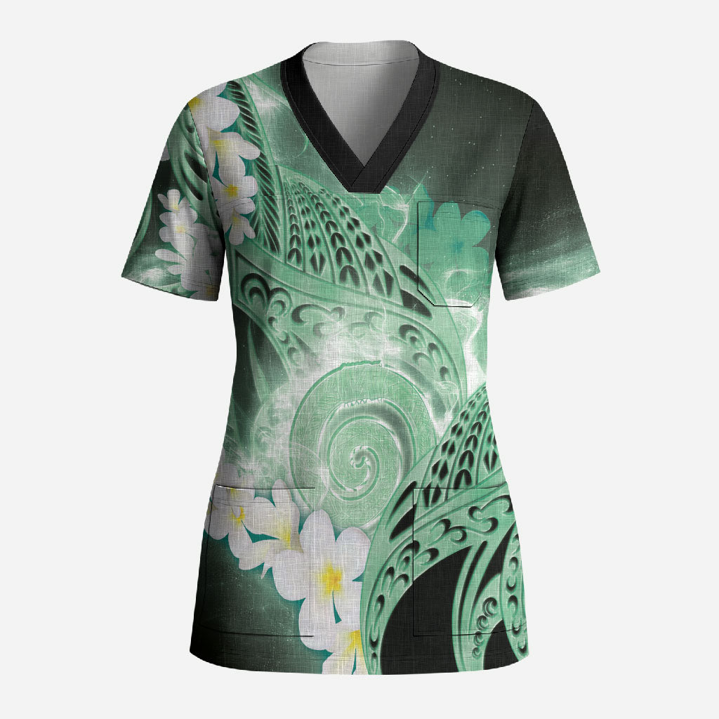 Piko Hawaiian Scrub Top Green Galaxy Spiral Plumeria Tribal Patterns