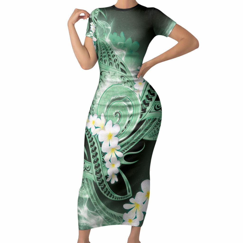 Piko Hawaiian Short Sleeve Bodycon Dress Green Galaxy Spiral Plumeria Tribal Patterns