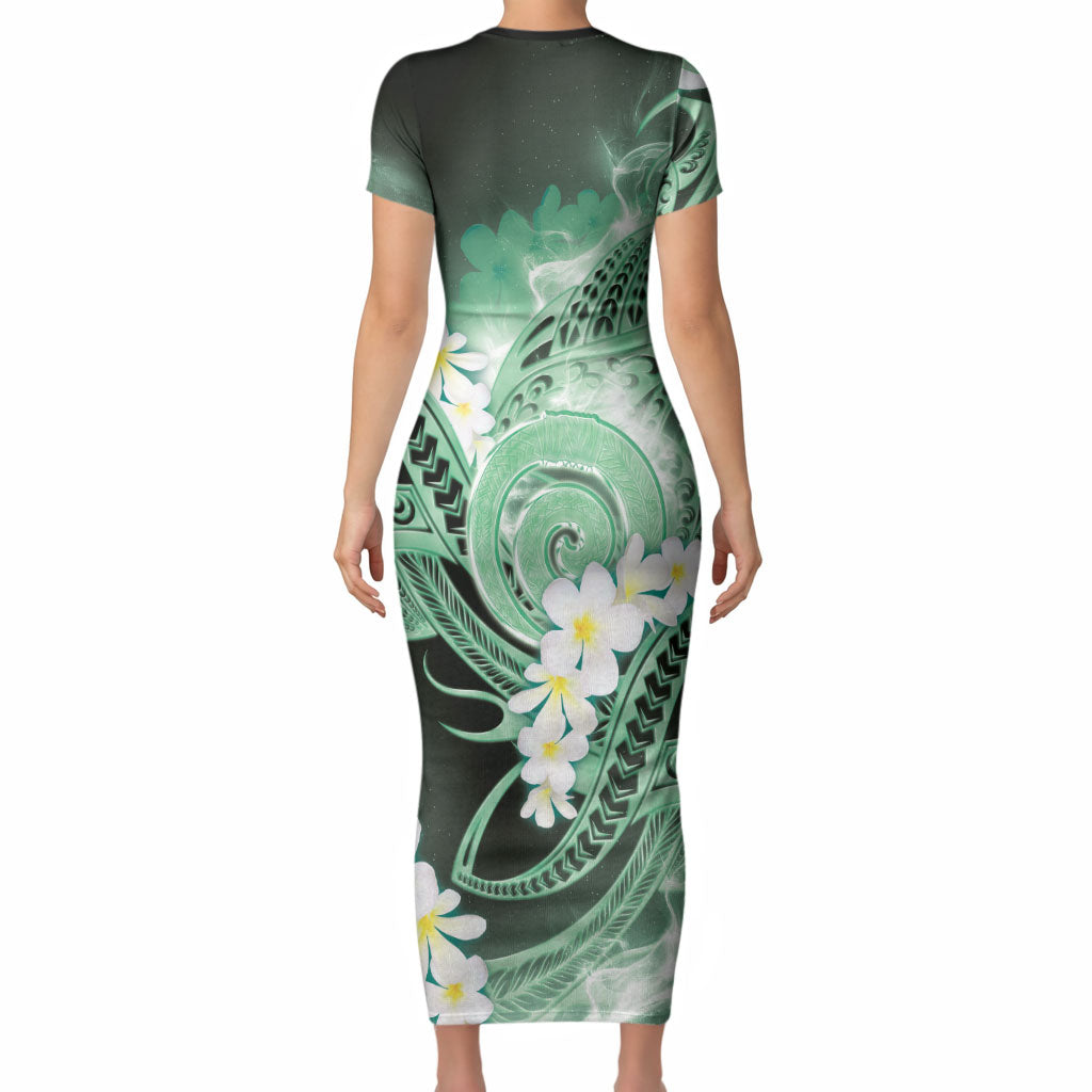 Piko Hawaiian Short Sleeve Bodycon Dress Green Galaxy Spiral Plumeria Tribal Patterns