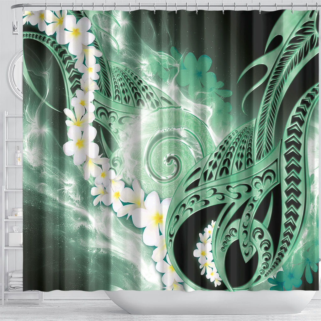 Piko Hawaiian Shower Curtain Green Galaxy Spiral Plumeria Tribal Patterns