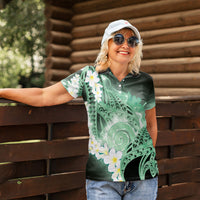 Piko Hawaiian Women Polo Shirt Green Galaxy Spiral Plumeria Tribal Patterns