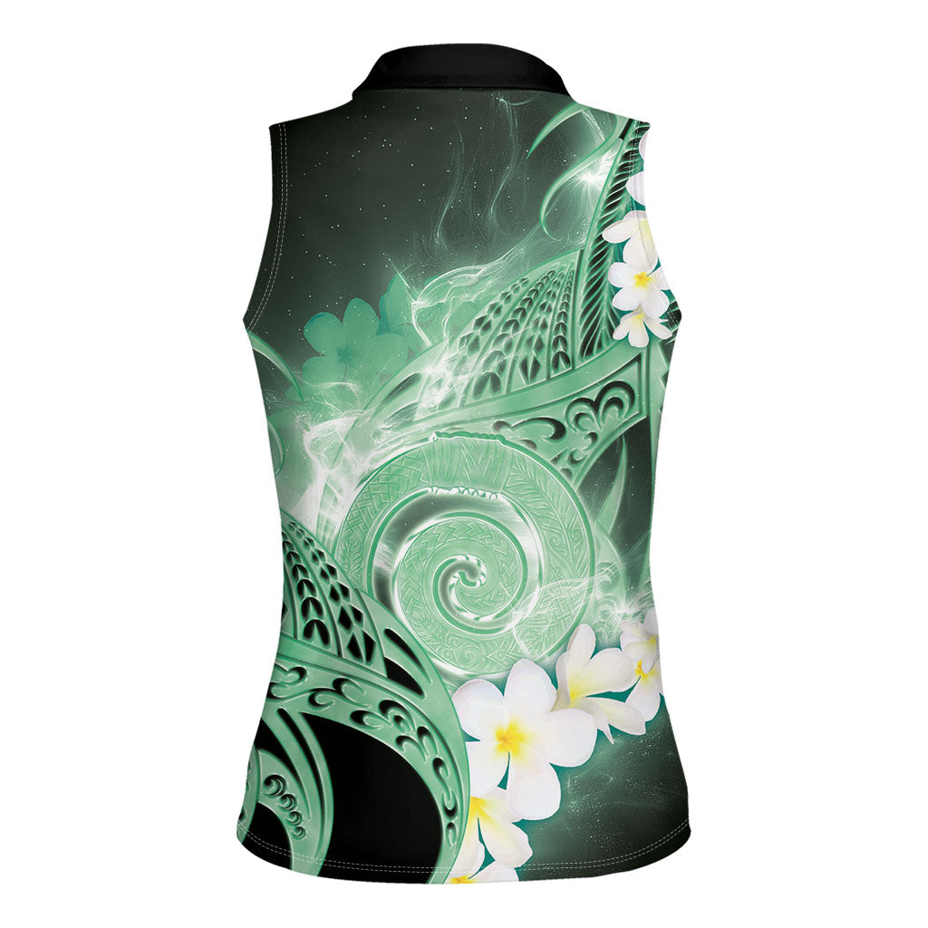 Piko Hawaiian Women Sleeveless Polo Shirt Green Galaxy Spiral Plumeria Tribal Patterns