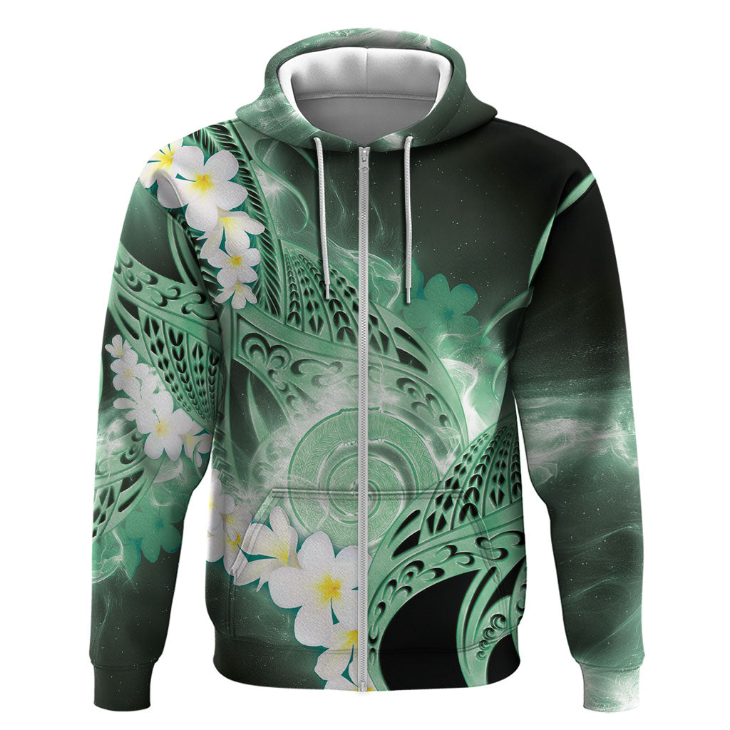 Piko Hawaiian Zip Hoodie Green Galaxy Spiral Plumeria Tribal Patterns