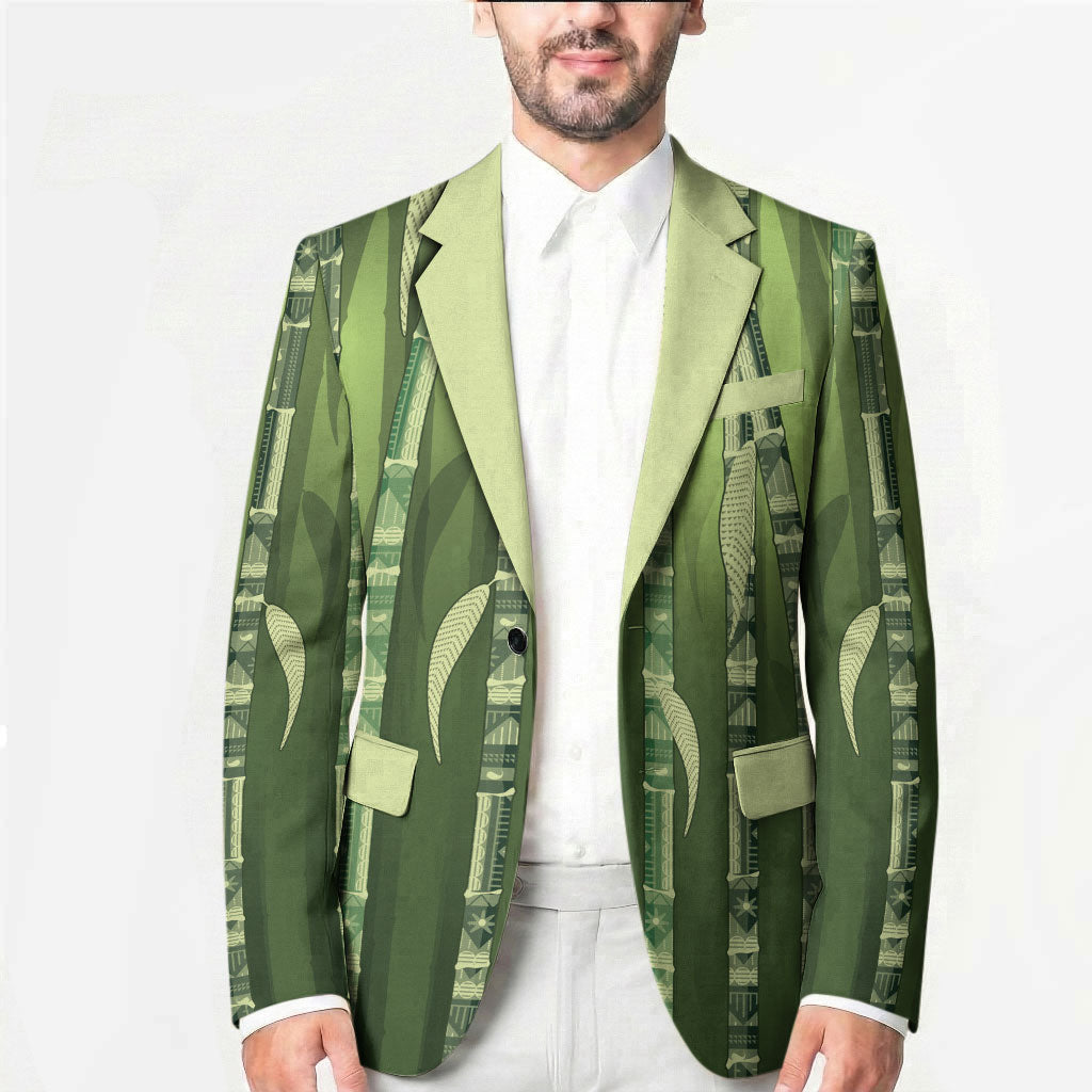 Personalised Fiji Language Week Sugarcane Masi Blazer Green Tapa Tribal Pattern