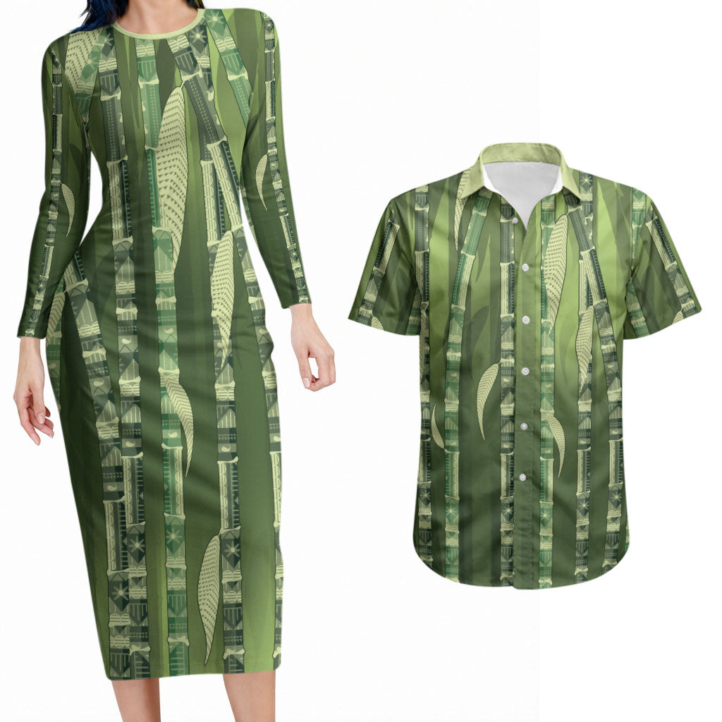 Personalised Fiji Language Week Sugarcane Masi Couples Matching Long Sleeve Bodycon Dress and Hawaiian Shirt Green Tapa Tribal Pattern