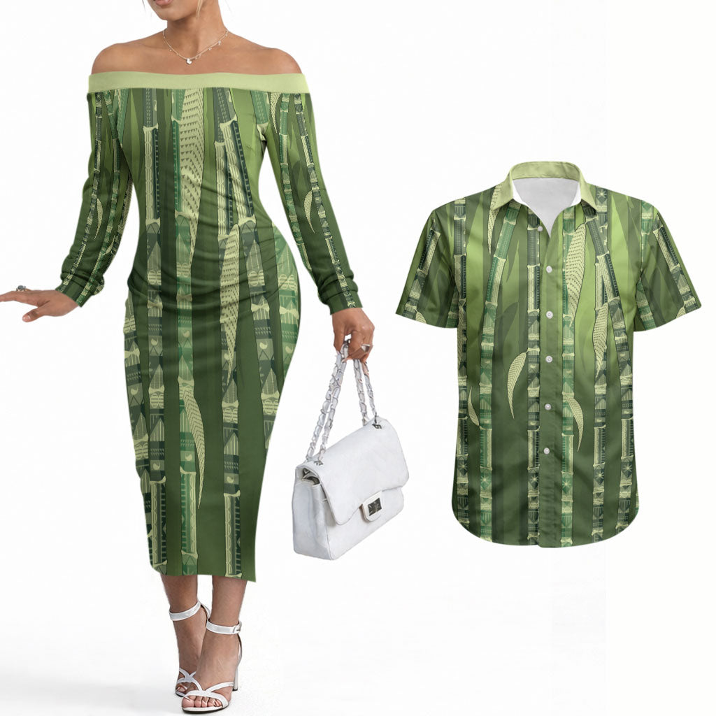 Personalised Fiji Language Week Sugarcane Masi Couples Matching Off The Shoulder Long Sleeve Dress and Hawaiian Shirt Green Tapa Tribal Pattern