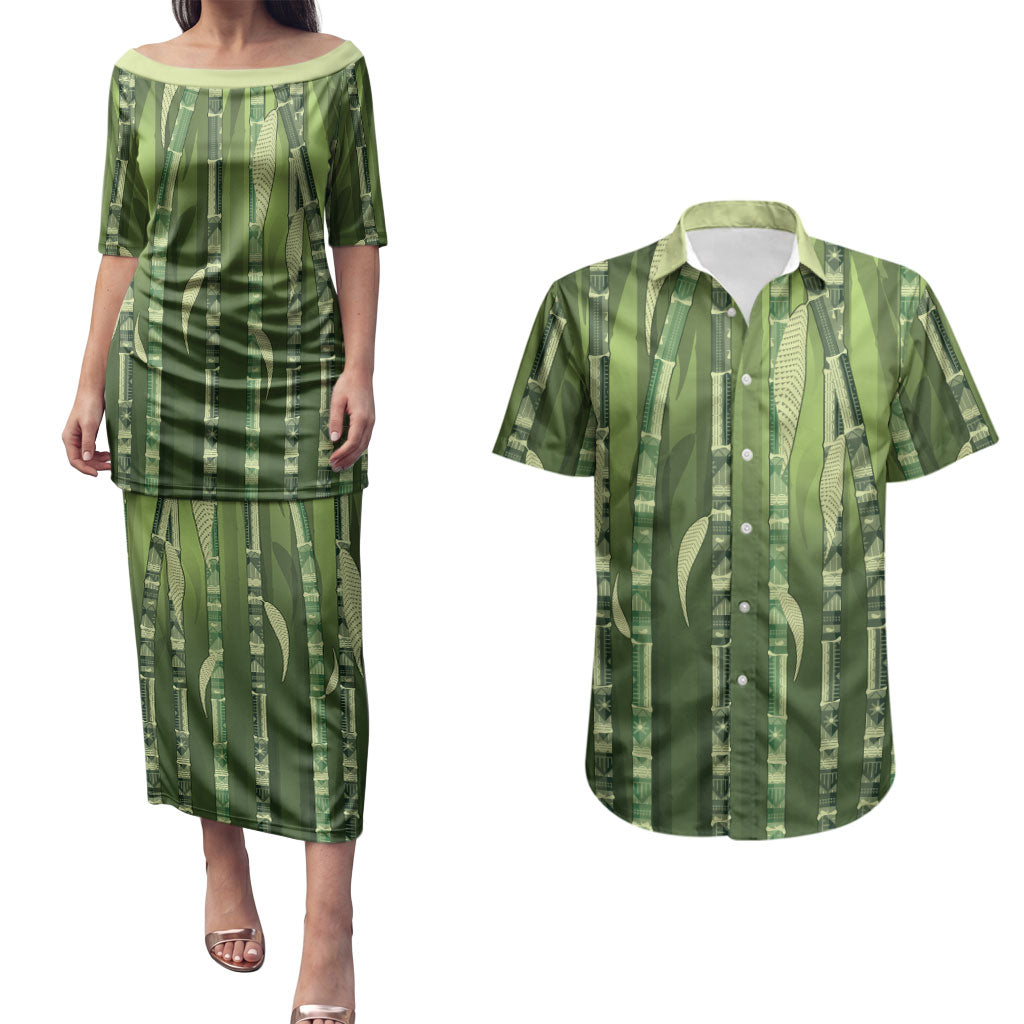 Personalised Fiji Language Week Sugarcane Masi Couples Matching Puletasi and Hawaiian Shirt Green Tapa Tribal Pattern